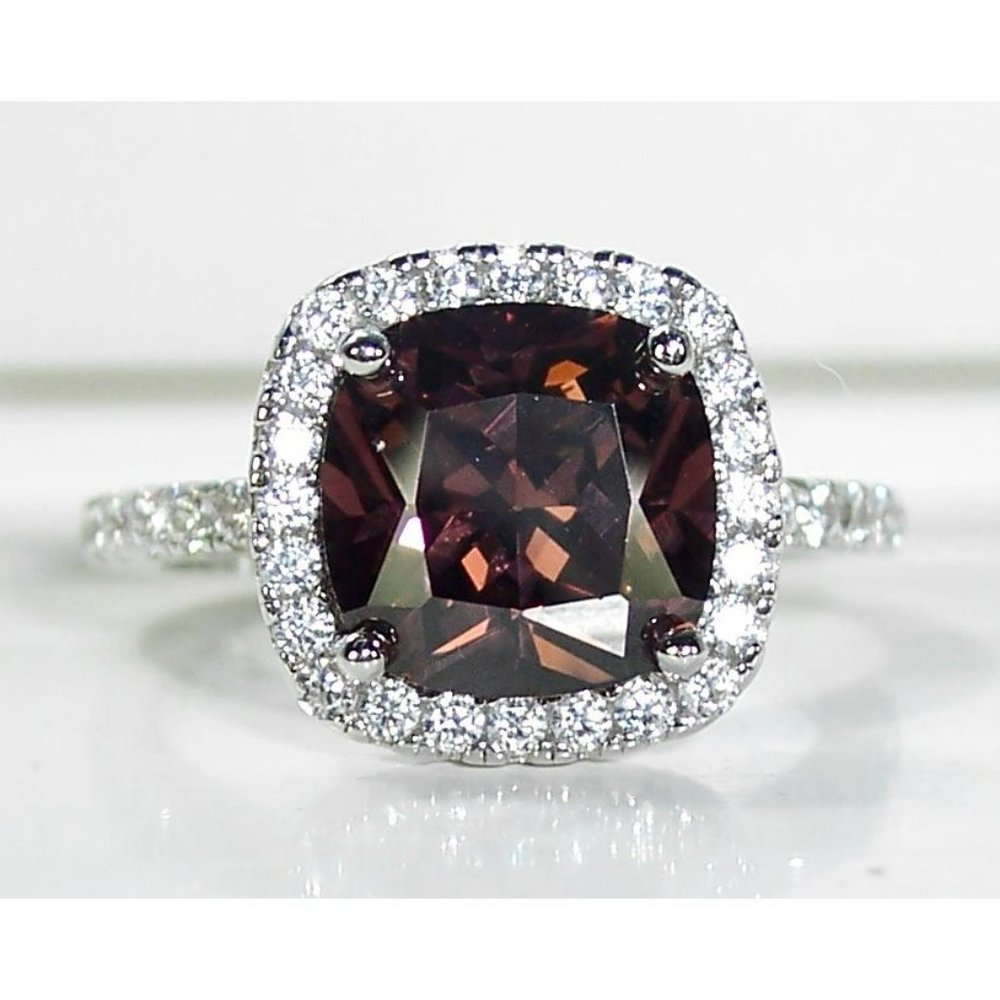 925 STERLING SILVER Cushion Cut Chocolate CZ Halo Ring - Picture 12 of 16